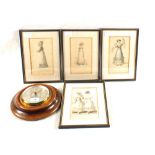 Four 19th Century costume prints plus a circular Oak barometer