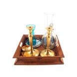 A bamboo tray, a pair of Brass candlesticks,