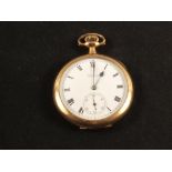 A Gold plated Waltham open faced pocket watch with white enamel dial, movement No.