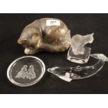 A Baccarat glass dolphin, length 5", Nachtmann glass cat paperweight,