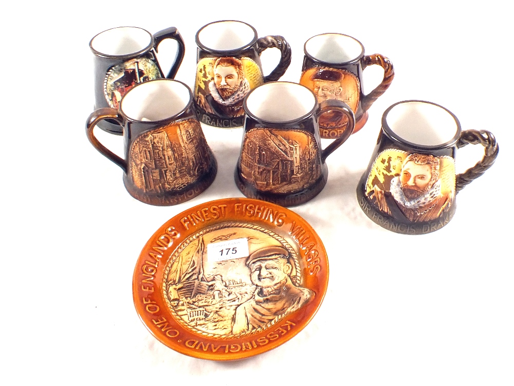 Six Gt Yarmouth pottery tankards plus a plate