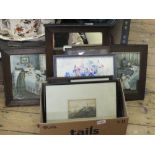 An overmantel mirror with mother and child prints,