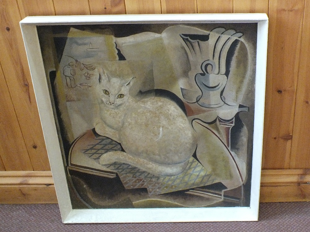 An oil on canvas of a cat with stylised background,