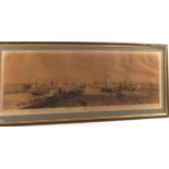 A framed sepia engraving of Lowestoft harbour titled 'To Sir S Morton Peto Bar of Somerleyton Hall,