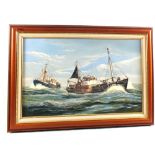 KW Hastings, oil on board of LT213 and LT378 out at sea, signed and dated May 75,