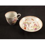 A Lowestoft polychrome Mandarin pattern cup and saucer, cup height 2 1/2",