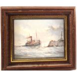 Joe Crawfoot, oil on board, titled 'LT64 Loyal Friend' entering harbour, signed lower left,