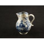 A Lowestoft blue and white sparrow beak jug with pagoda and bridge decoration, height 3 1/2",