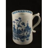 A Lowestoft blue and white tankard with pagoda and man on bridge decoration,