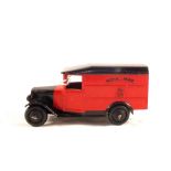 Dinky red mail van with black roof with open windows