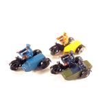 Three Dinky riders on motorcycles with side cars, 270-AA plus two others,