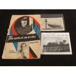 A collection of Zeppelin related ephemera including a postcard of the Zeppelin shot down at Leiston