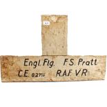 An RAF wooden grave cross to 82991 Pilot Officer Air Gunner Frank Edward Pratt 144 Sqd K in A on