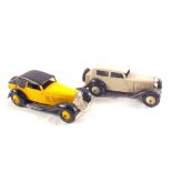 Two Morestone cars, one car yellow with black top and runners, late 1950,