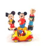 A battery operated Noddy in his car plus three Disney characters (one Popeye and two Mickey Mouse)