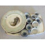 A 19th Century painted plate Raddlam Castle Flintshire and other plates plus Japanese Saki bowls