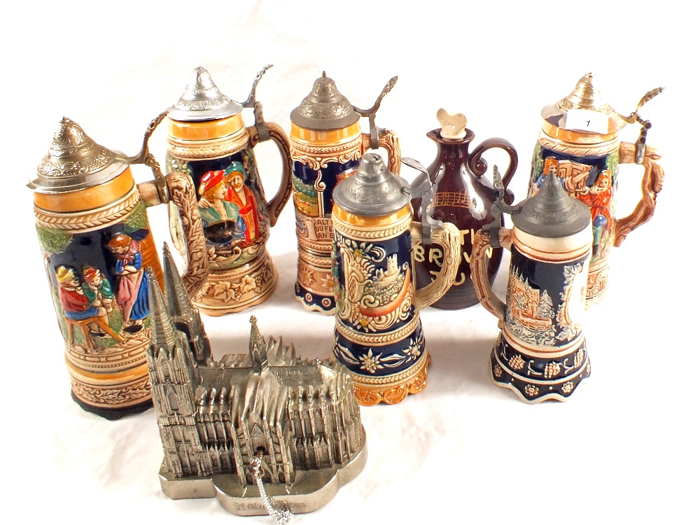 Various musical steins etc including metal Cologne Cathedral box