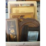 Various marquetry pictures plus an Oak barometer