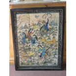 A Persian twelve tiled panel of mounted huntsmen and animals,