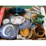 A Sylvac pebble vase and bowl plus Willow pattern and other china and glass (four boxes)