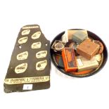 An HMV tin tray, boxed speed tester,