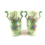 A pair of 1930's Crown Devon apple green and floral vase,