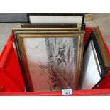 A box of various sporting prints etc