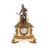 A 19th Century French white marble striking mantel clock with gilt metal foliage and shield mounts