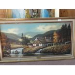 Two large landscape and continental river scene oils plus two other modern oils