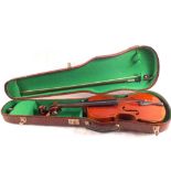 A cased violin and bow