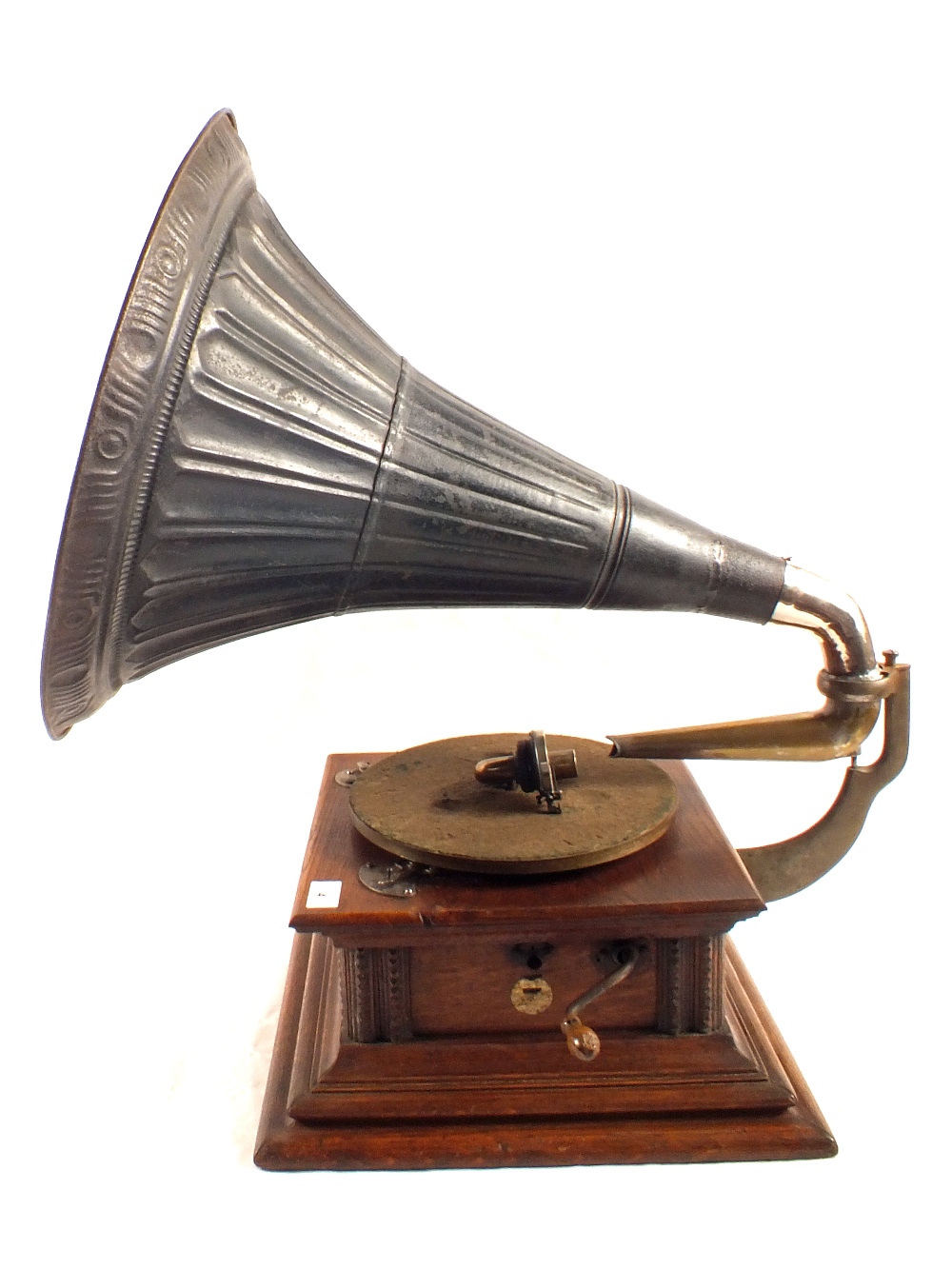 A wooden cased HMV horn gramophone c1908 with exhibition sound box and Nipper transfer