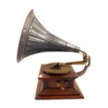 A wooden cased HMV horn gramophone c1908 with exhibition sound box and Nipper transfer