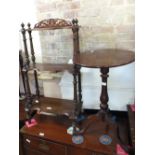 A Victorian mahogany three shelf whatnot and an oval mahogany snap top table