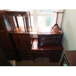 A reproduction mahogany computer desk, a hi-fi cabinet,