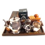 A Silver plated three piece tea set and a Japanese carved bamboo paper knife etc