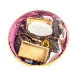 A selection of costume jewellery including a large memorial brooch, buckles,