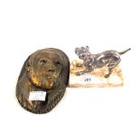 A spelter bulldog on marble base plus a Bianca Storza Cox mask