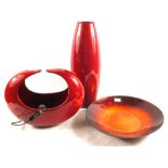 A 'Next' maroon pottery table lamp and vase plus an orange enamelled dish