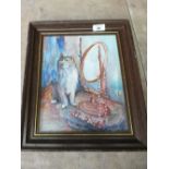 A watercolour of a cat and mirror,