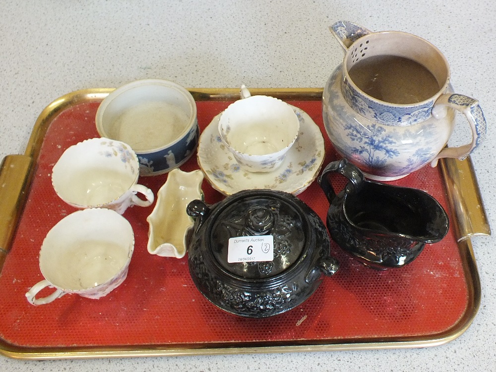 Jackfield cream jug and sucrier plus other china and glass (two trays)