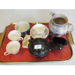 Jackfield cream jug and sucrier plus other china and glass (two trays)