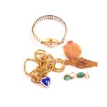 A 9ct Gold lady's wristwatch, a 9ct Gold brooch (as found), a 9ct Gold circular photo locket,