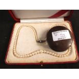 Boxed Pearls with Silver clasp and a small wooden snuff box