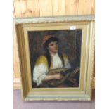 Jos Fisher, 19th Century oil on canvas of a gypsy girl with mandolin,