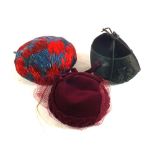 Three ladies hats including beaded and dyed feather examples