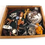 A table top display case, 14" x 17 1/2" and contents, items including watches,