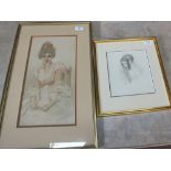 Florence Gramer watercolour of a seated lady plus a pencil drawing of head and shoulders of a lady