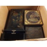 Four metal tins plus a wooden box