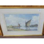 A signed watercolour, Broadland Wherry and Windmill,