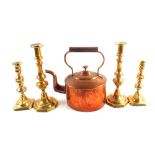 A Victorian Copper kettle plus two pairs of Victorian Brass candlesticks